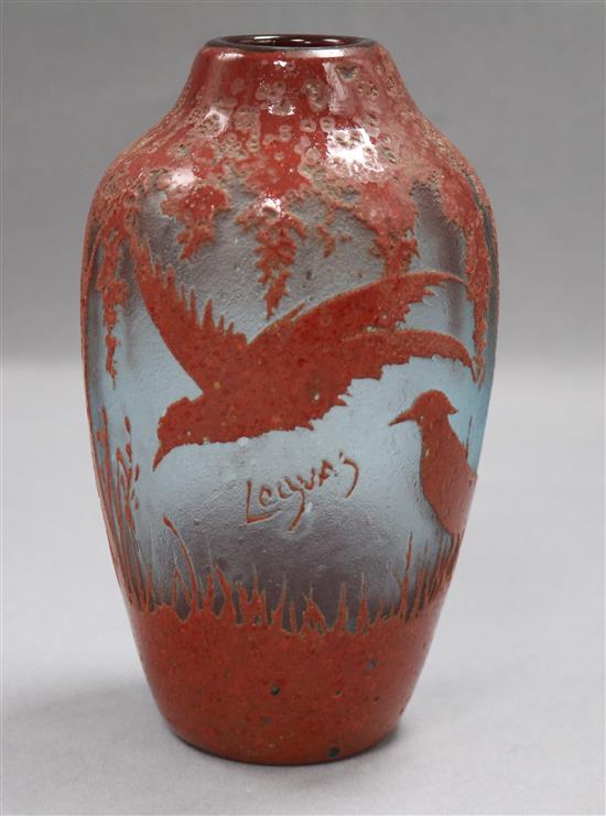 A Legras etched and enamelled glass vase of stylised birds and trees height 17.5cm